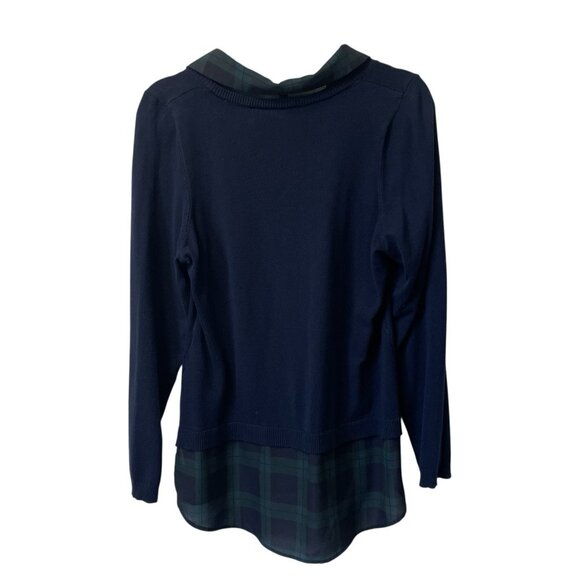 ADRIANNA PAPELL TWOFER SWEATER SCHOOL PREPPY PLAID BLUE GREEN COLLARED SIZE M - Picture 2 of 9